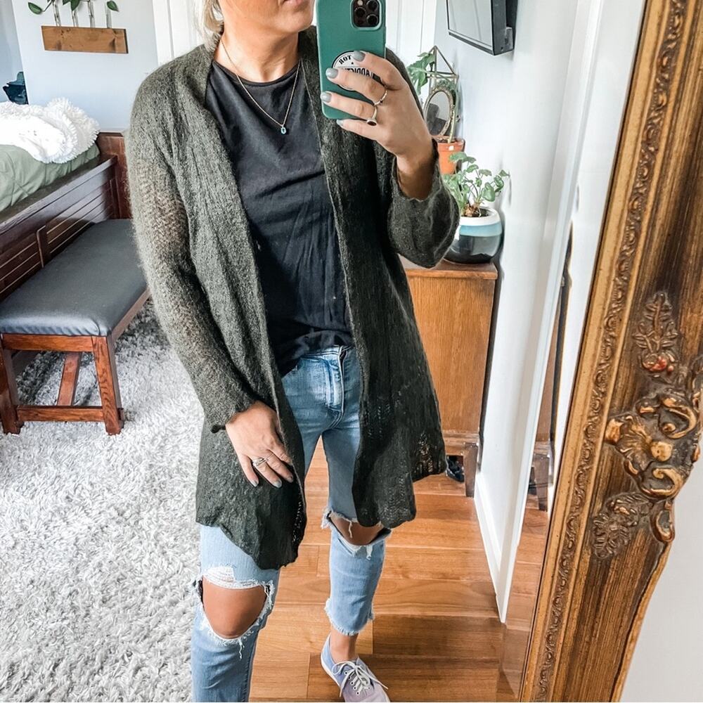 Eileen Fisher | Women’s Brown Mohair Blend Open Knit Long Cardigan Sweater Wool